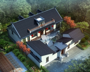 永云别墅AT227一层半四合院中式风格别墅建筑设计图纸17.58mx18.9m