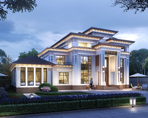 【实地设计】岳阳平江带副楼新中式两层半高端大气乡村自建别墅私人定制案例