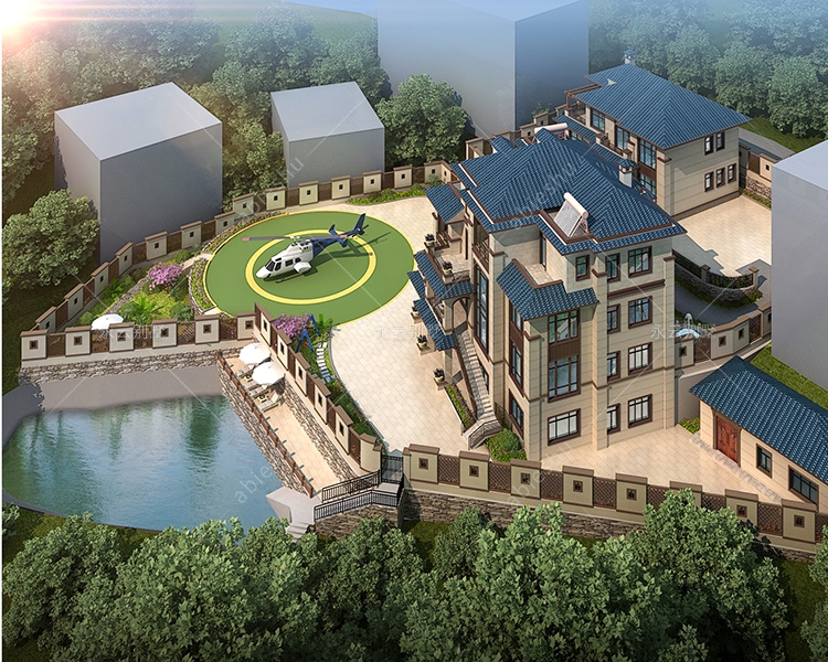 邵阳隆回带停机坪240平新中式/19×15四层带园林景观别墅设计