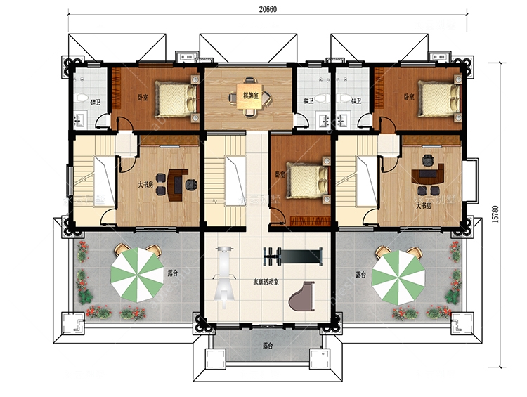气派简欧三兄弟合建房屋三拼联排别墅全套设计图纸及效果图20.66×15.8米