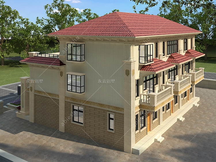 气派简欧三兄弟合建房屋三拼联排别墅全套设计图纸及效果图20.66×15.8米