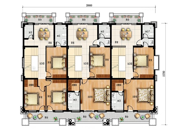 气派简欧三兄弟合建房屋三拼联排别墅全套设计图纸及效果图20.66×15.8米