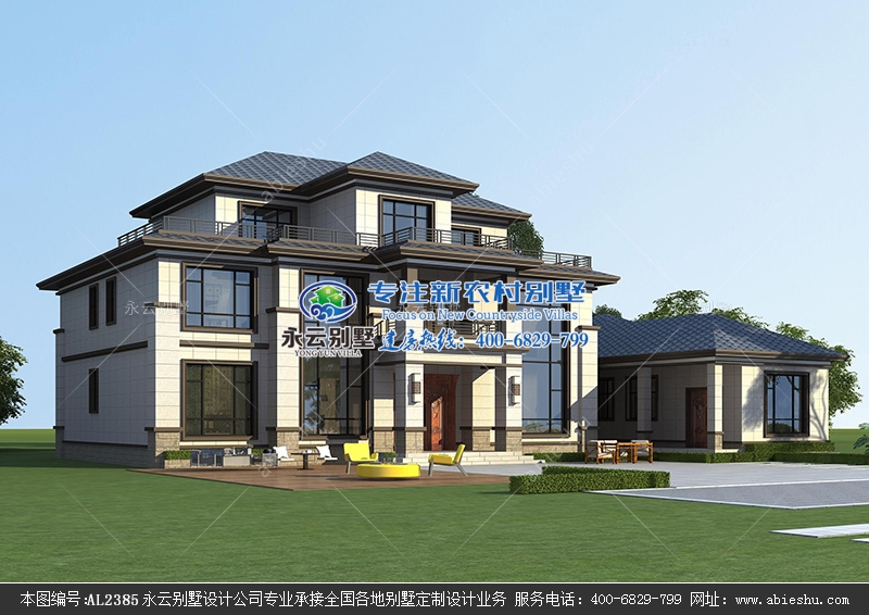 新中式风格带附房三层复式楼农村别墅自建房屋定制案例