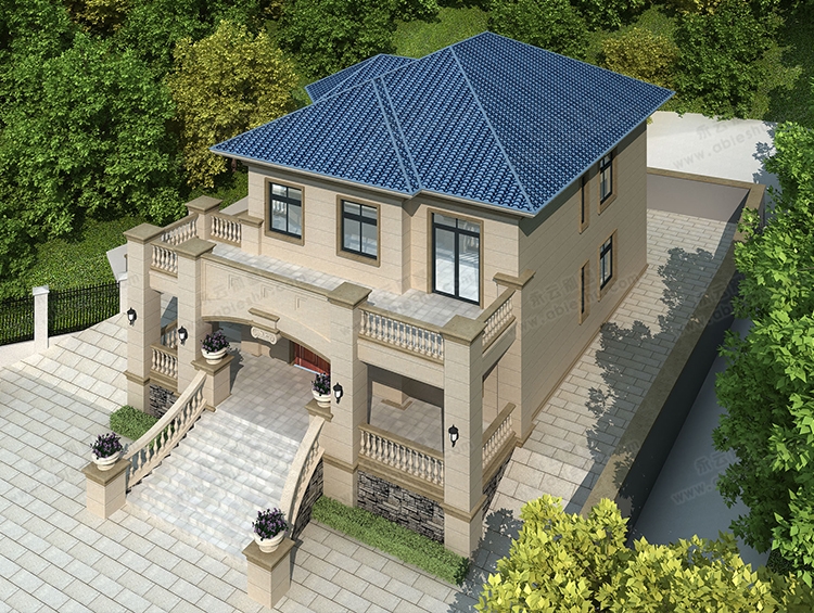 2022新款简欧式八角窗复式客厅带圆弧楼梯两层豪宅别墅图纸12.3×17米