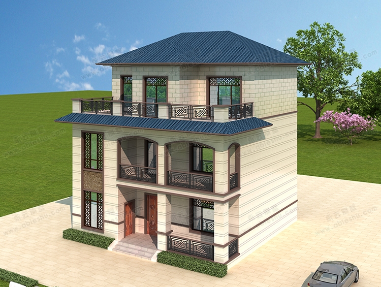 AT2873新中式带休闲外走廊及大露台经济实用三层农村自建小别墅图纸