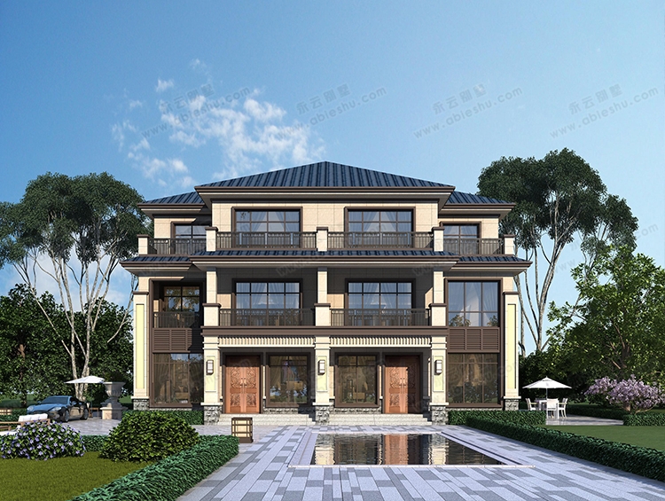 永云别墅AT2875经典新中式兄弟双拼自建房三层别墅设计图纸17X12.3米