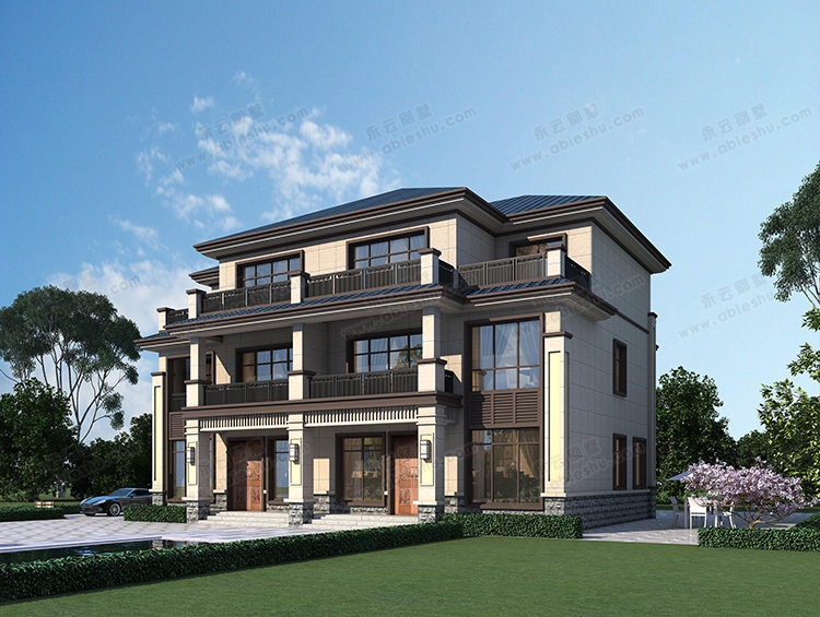 永云别墅AT2875经典新中式兄弟双拼自建房三层别墅设计图纸17X12.3米