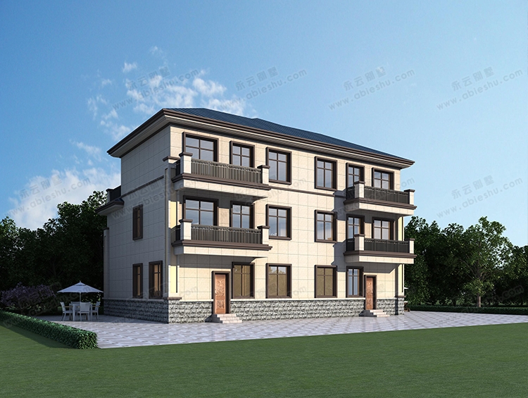 永云别墅AT2875经典新中式兄弟双拼自建房三层别墅设计图纸17X12.3米