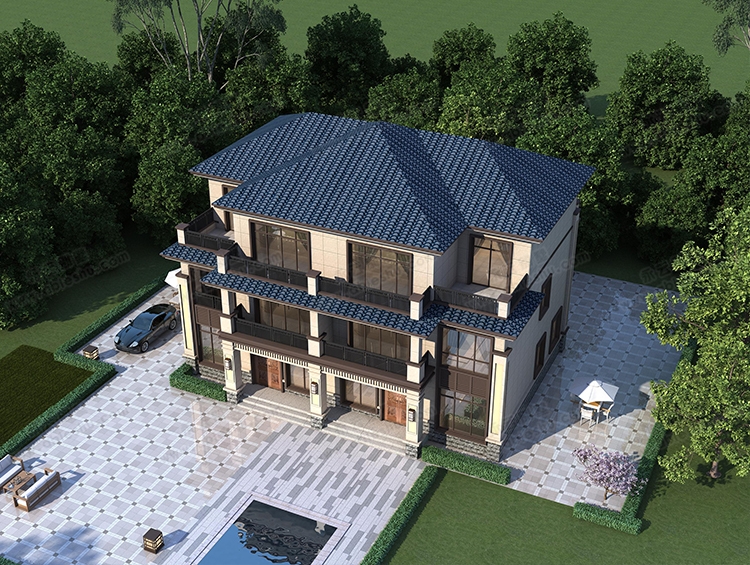 永云别墅AT2875经典新中式兄弟双拼自建房三层别墅设计图纸17X12.3米