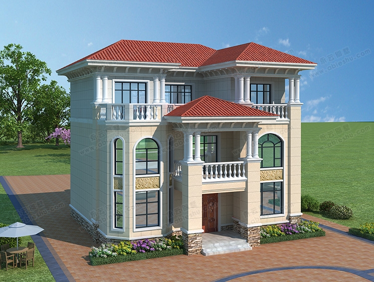 AT2885带八角通窗复式简欧风格三层小别墅设计图纸12.45X12.85m