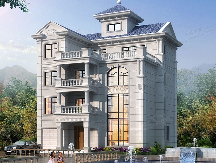 永云别墅AT2881新款欧式风格带大气圆弧楼梯四层别墅图纸13.4X13m