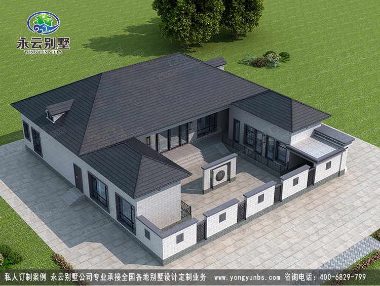 湖南娄底市一层新中式三合院带中堂屋自建别墅定制设计案例